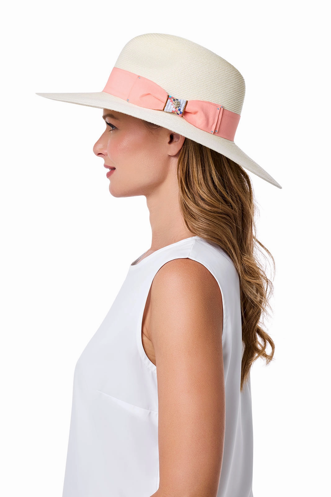Christy Large Brim Fedora With Fancy Bow | Ivory/Flamingo Pink