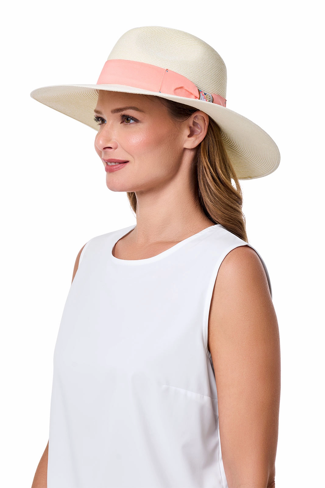 Christy Large Brim Fedora With Fancy Bow | Ivory/Flamingo Pink