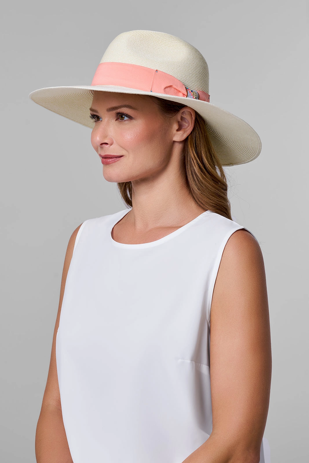 Christy Large Brim Fedora With Fancy Bow | Ivory/Flamingo Pink