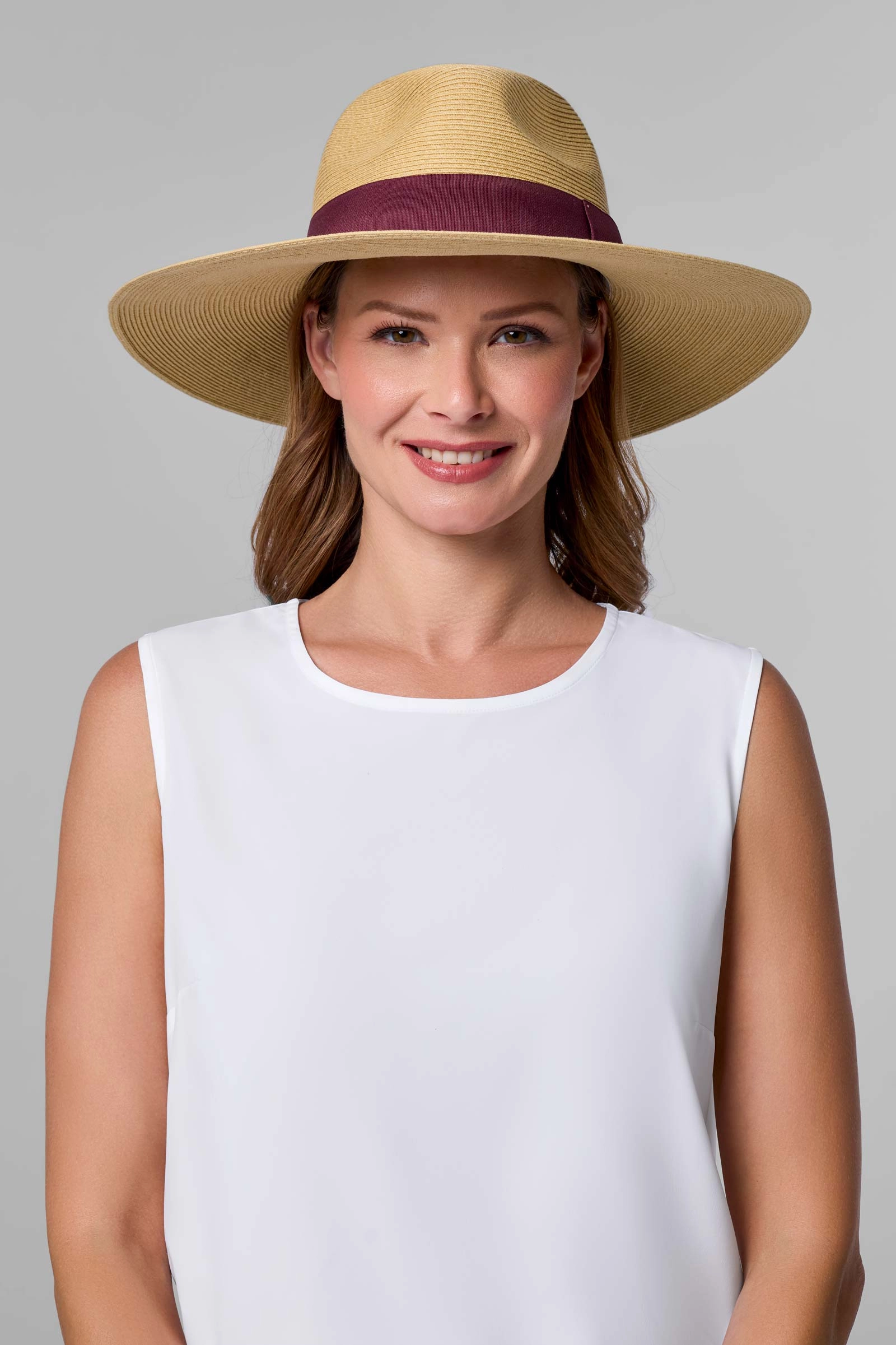 Christy Large Brim Fedora With Fancy Bow | Natural/Burgundy