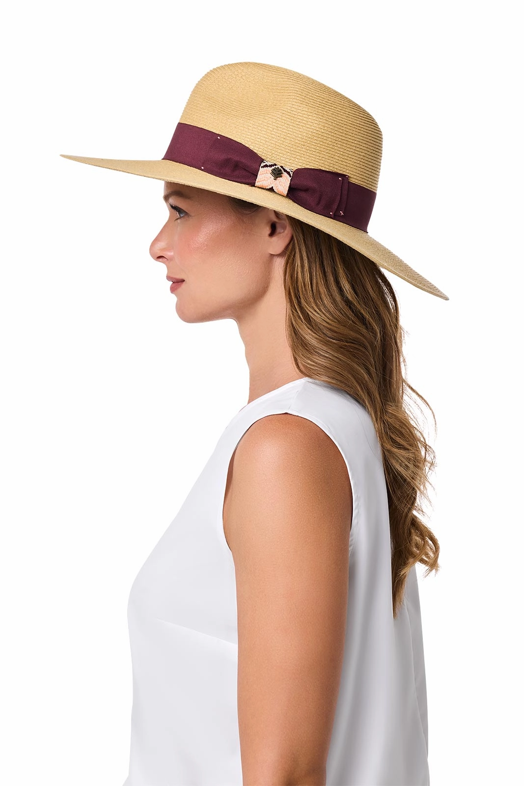 Christy Large Brim Fedora With Fancy Bow | Natural/Burgundy