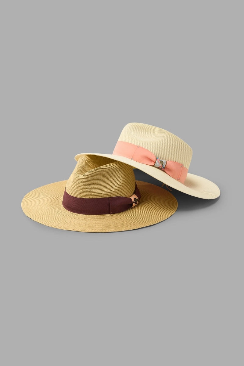 Christy Large Brim Fedora With Fancy Bow | Natural/Burgundy