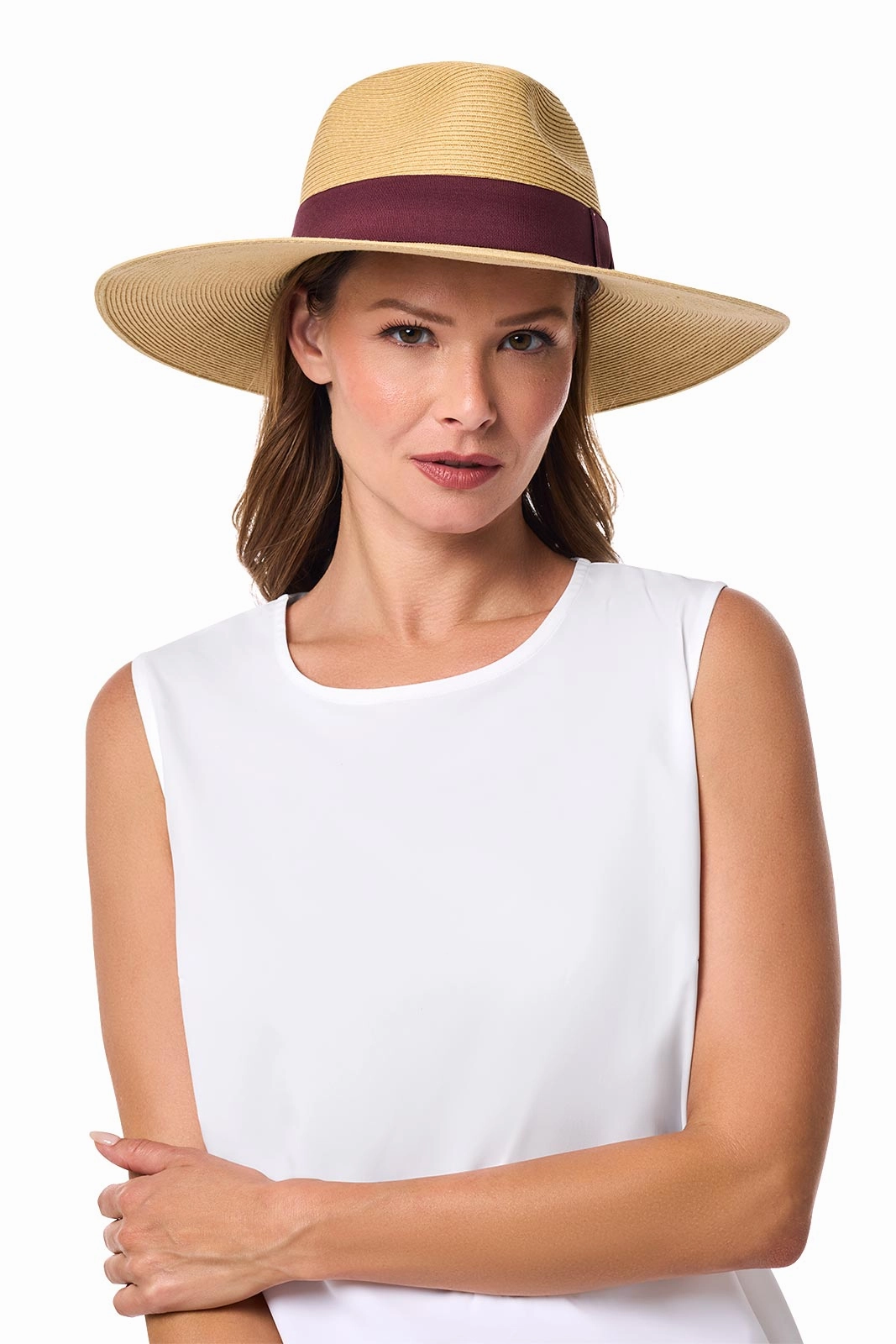 Christy Large Brim Fedora With Fancy Bow | Natural/Burgundy