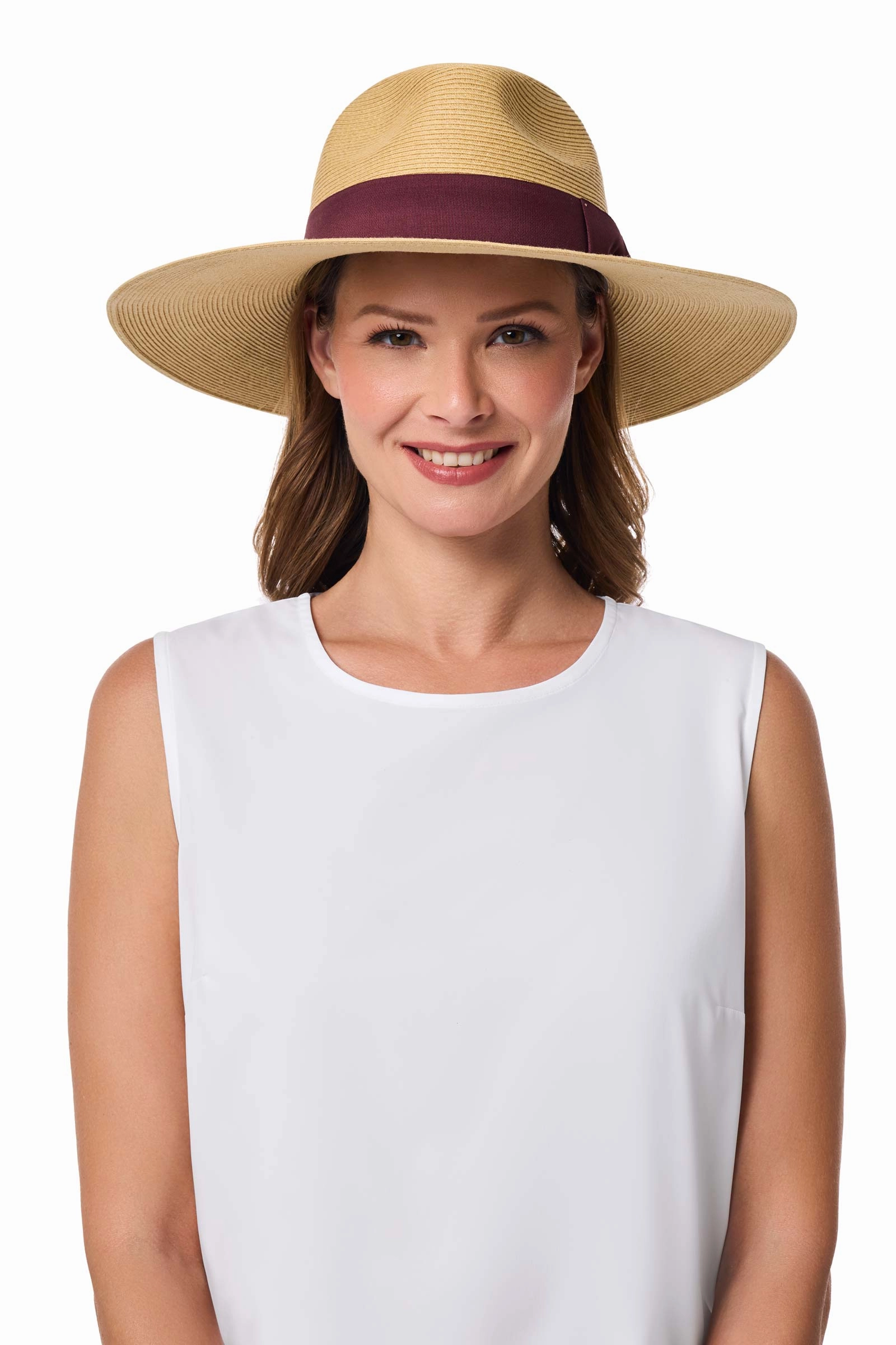 Christy Large Brim Fedora With Fancy Bow | Natural/Burgundy