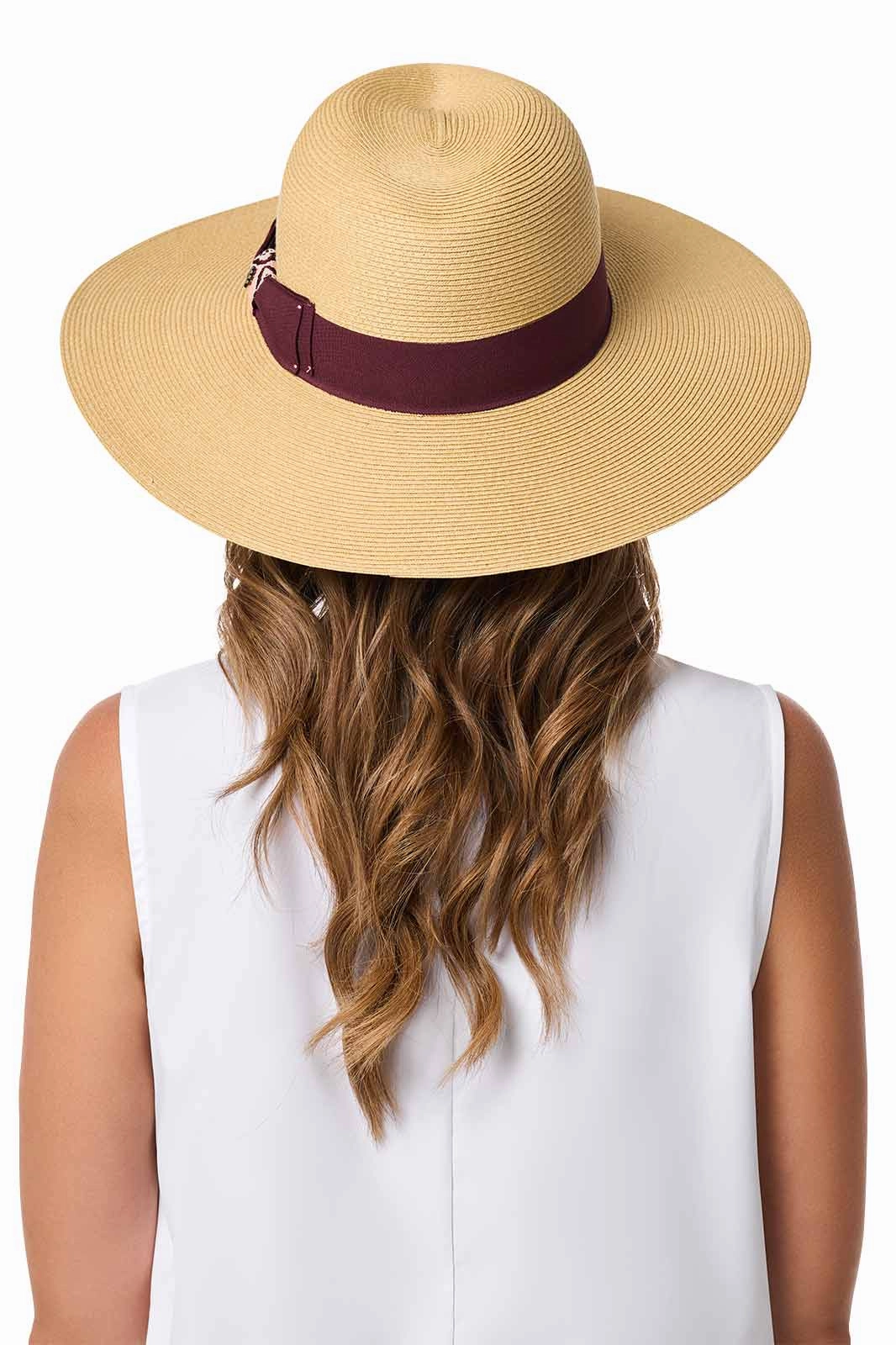 Christy Large Brim Fedora With Fancy Bow | Natural/Burgundy