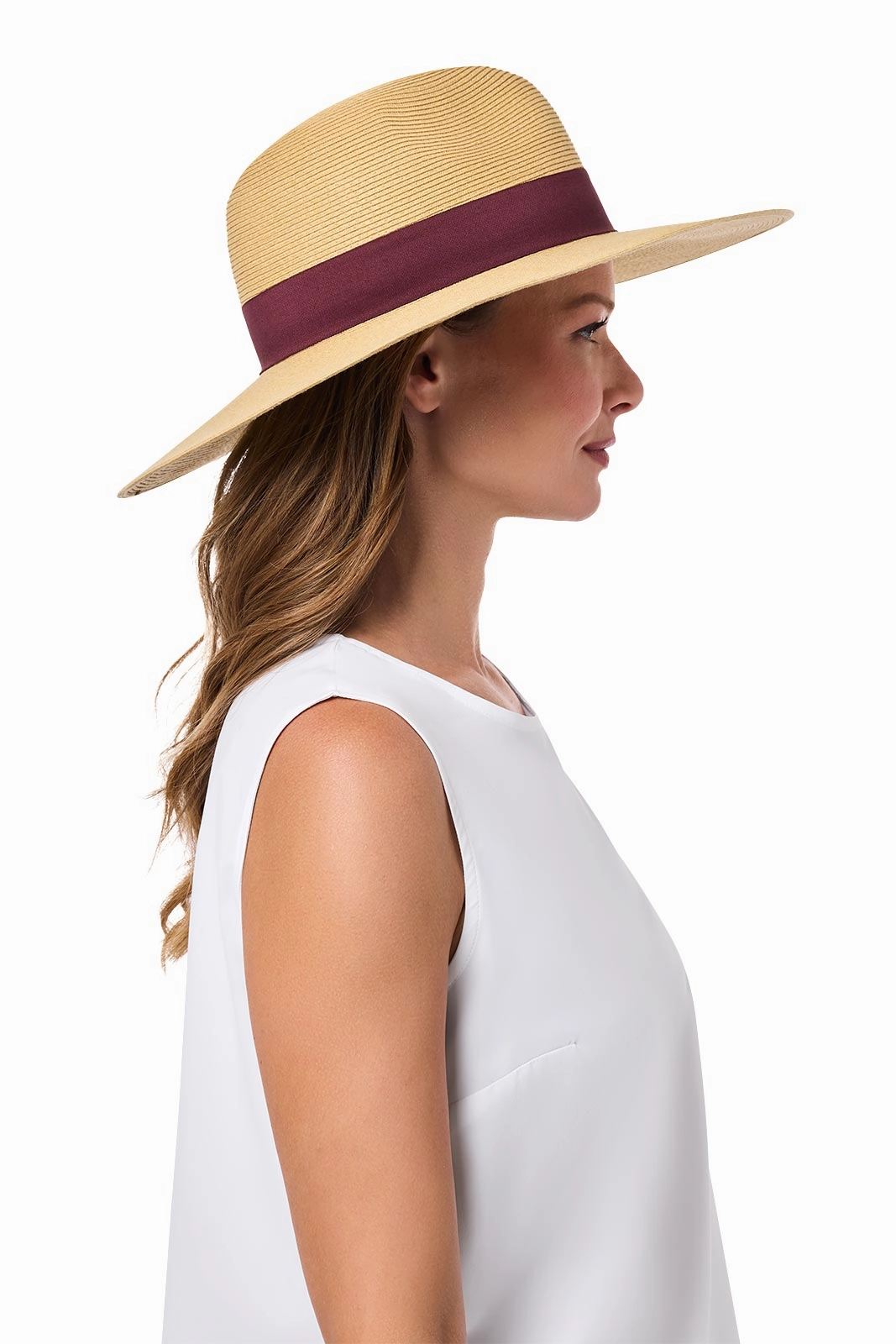 Christy Large Brim Fedora With Fancy Bow | Natural/Burgundy