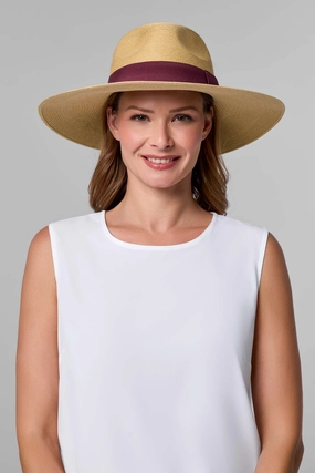 Christy Large Brim Fedora With Fancy Bow | Natural/Burgundy