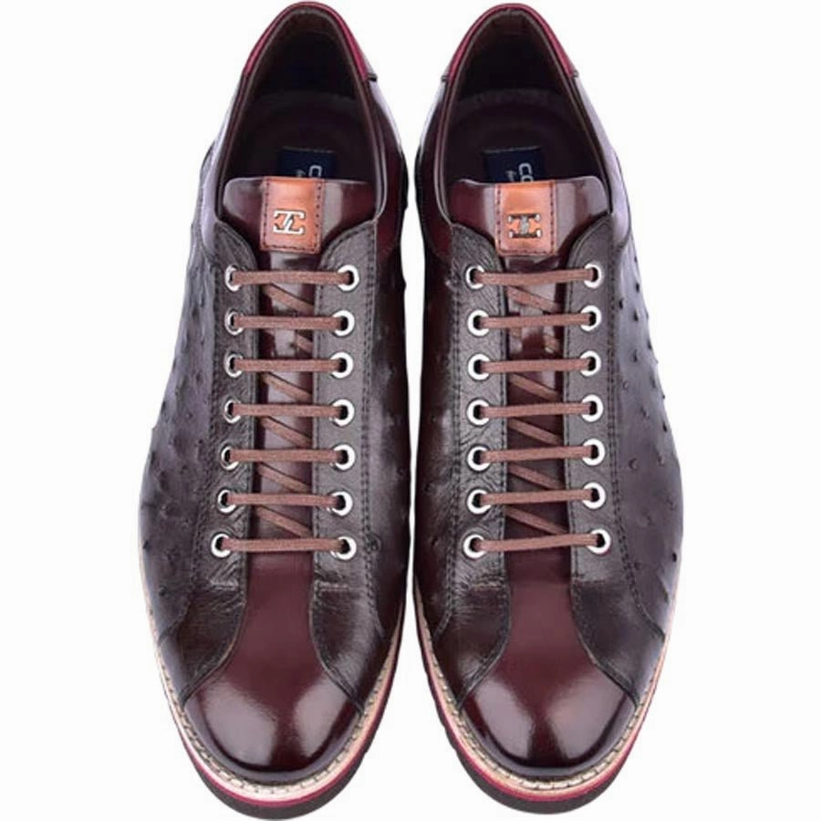 Fashion Sneakers Statement Footwear Corrente Men??S Mid-Top Genuine Ostrich Leather Brown Round Toe Sneaker