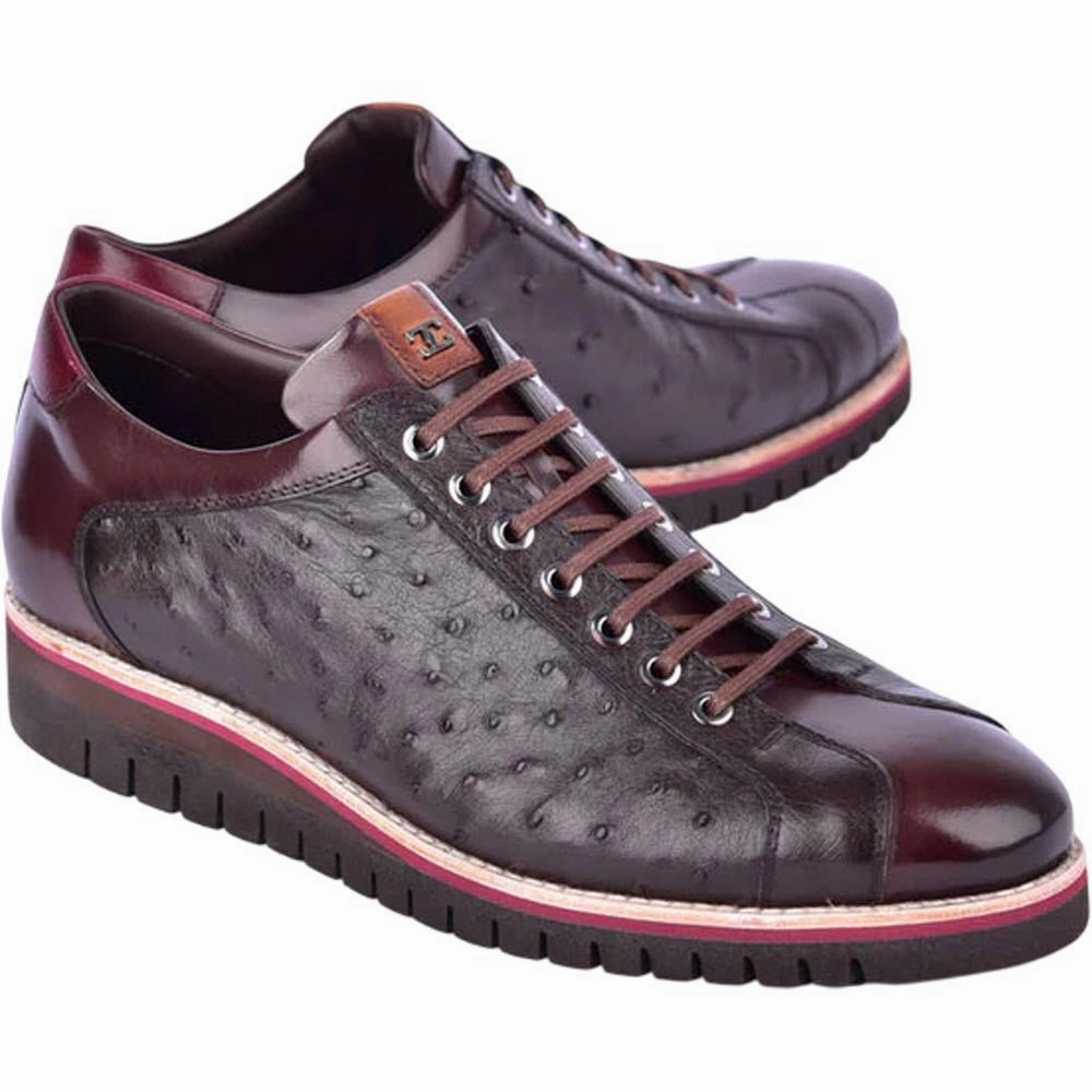 Corrente Men??S Mid-Top Genuine Ostrich Leather Brown Round Toe Sneaker Modern Classic Breathable Mesh