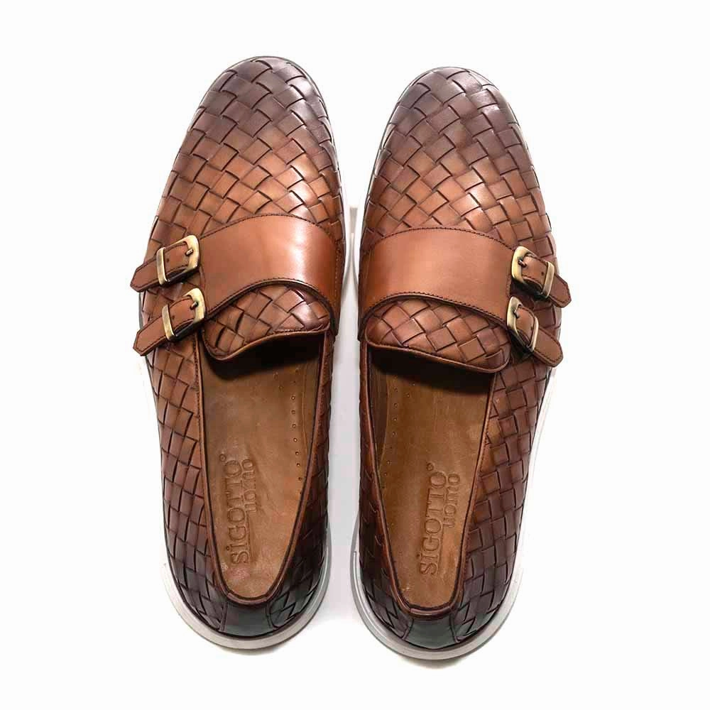 Sigotto Uomo Woven Double Buckle Tan Soft Leather Casual Shoes Lightweight Shoes Sustainable