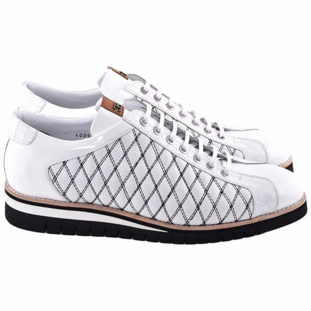 Sporty Style Corrente Men??S White Calfskin Round Toe Sport Sneaker With Quilted Side Design