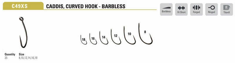 Mustad Caddis Hook Curved 1X Short Barbless Forged Straight TitanX 25 Pack