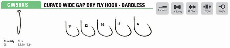 Mustad Curved Wide Gap Dry Fly Hook 1X Strong 2X Short Barbless Forged Straight TitanX 25 Pack