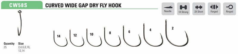 Mustad Curved Wide Gap Dry Fly Hook 1X Strong 2X Short Forged Straight TitanX 25 Pack