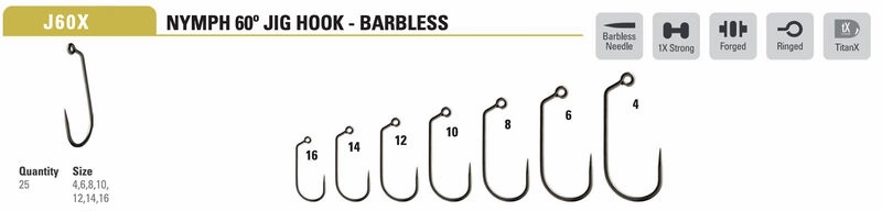 Mustad Nymph Jig Hook 1XH Forged 60 degree Eye Barbless TitanX 25 Pack