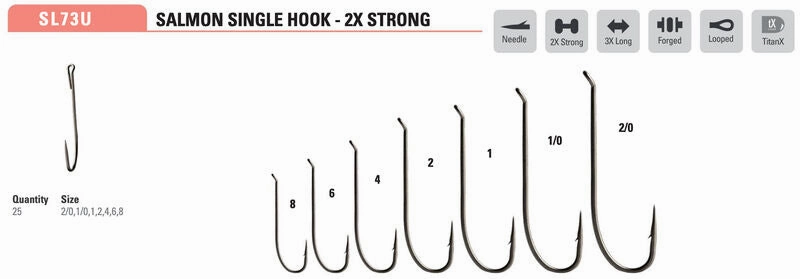 Mustad Salmon Single 36890 2XH 3XL Forged Looped Up Eye TitanX 25 Pack