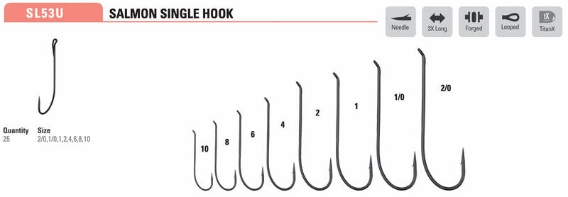 Mustad Salmon Single Low Water 3XL Forged Looped Up Eye TitanX 25 Pack