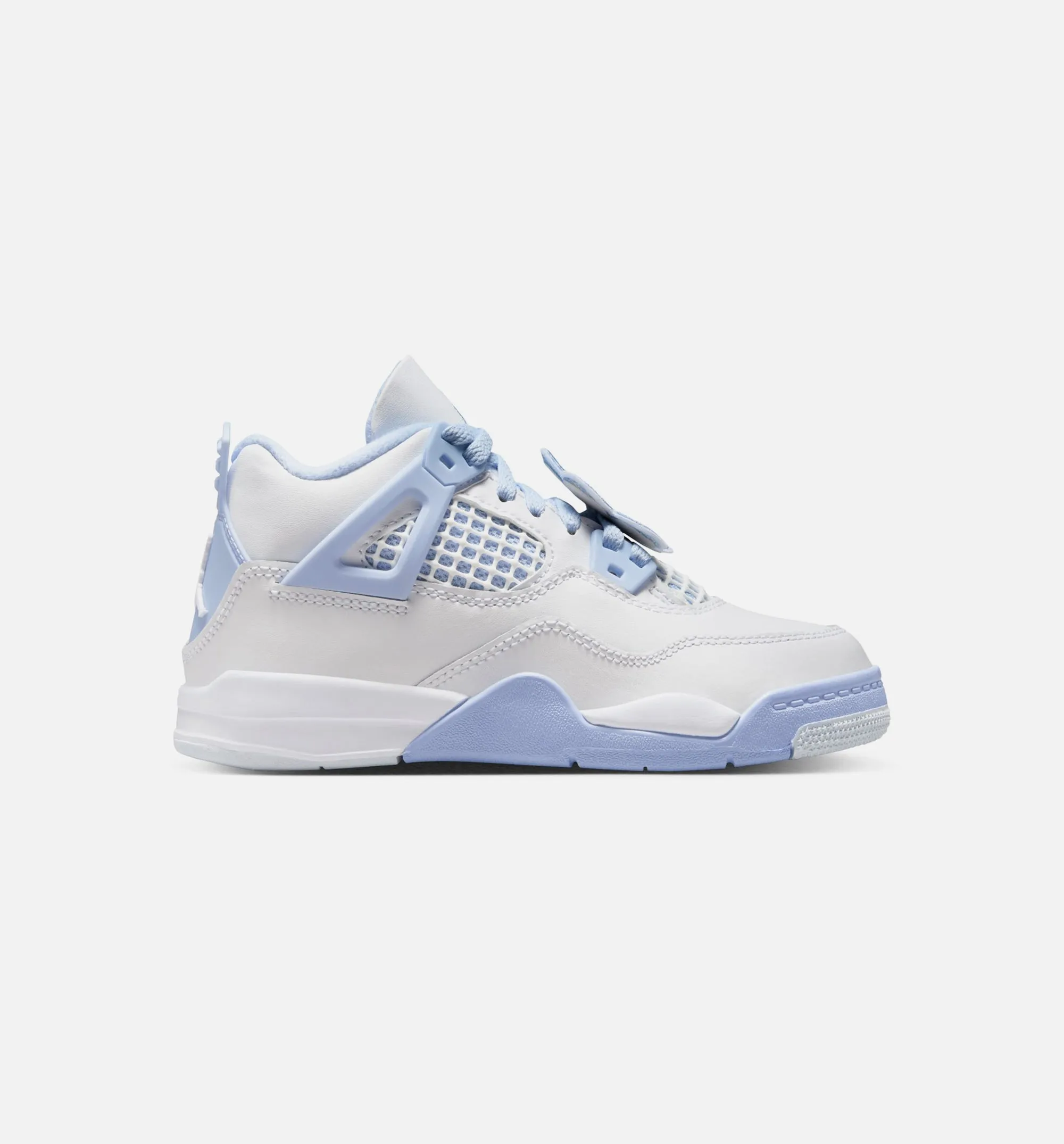 Air Jordan 4 Retro Aluminum Preschool Lifestyle Shoe - White/Aluminum/Blue Tint/Oil Green Everyday Footwear