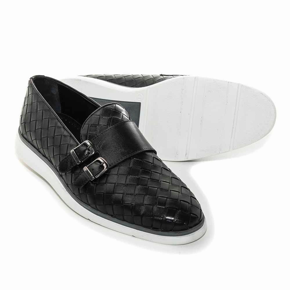 Comfortable Footwear Sigotto Uomo Woven Double Buckle Black Soft Leather Casual Shoes