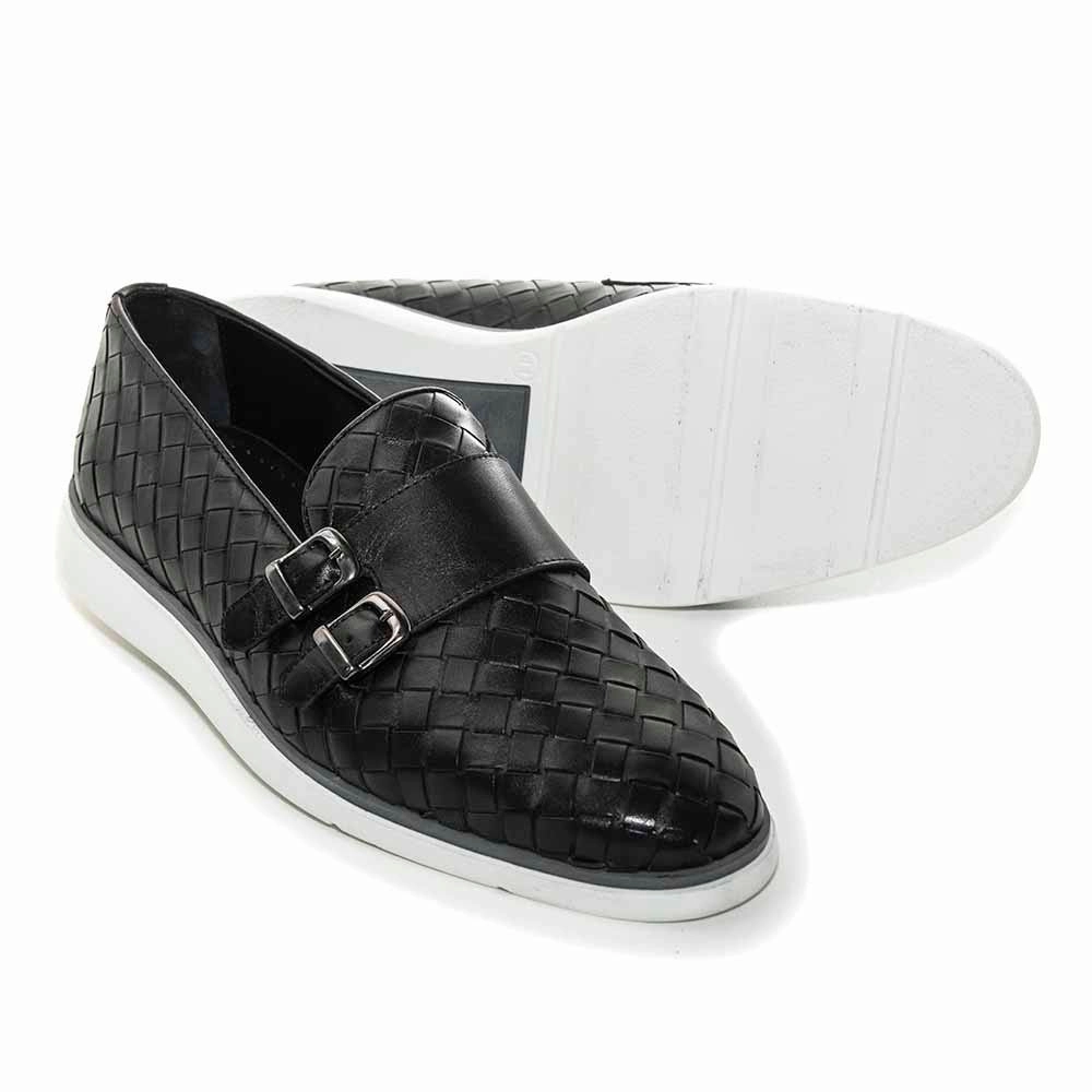 Odor Resistant Sigotto Uomo Woven Double Buckle Black Soft Leather Casual Shoes