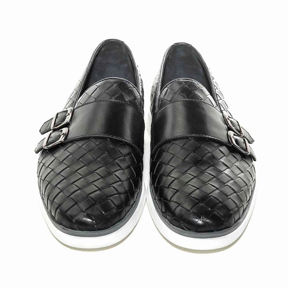 Sigotto Uomo Woven Double Buckle Black Soft Leather Casual Shoes Flexible