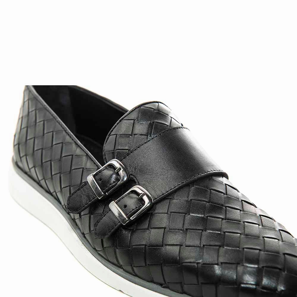 Durable Stable Sigotto Uomo Woven Double Buckle Black Soft Leather Casual Shoes