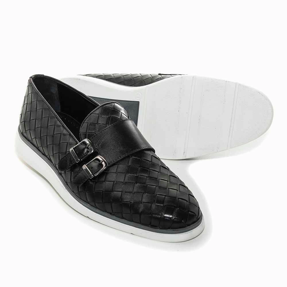 Comfort Shoes Sigotto Uomo Woven Double Buckle Black Soft Leather Casual Shoes
