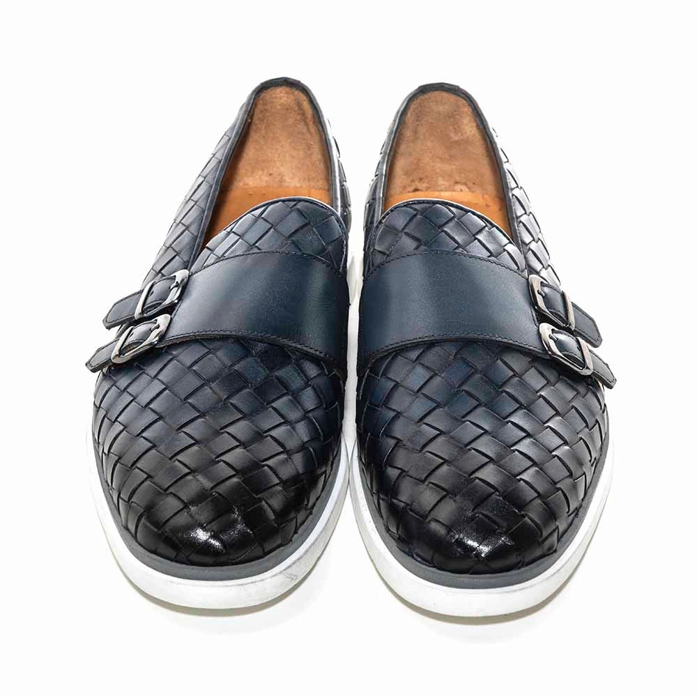 Versatile Style Easy Clean Sigotto Uomo Woven Double Buckle Navy Blue Soft Leather Casual Shoes