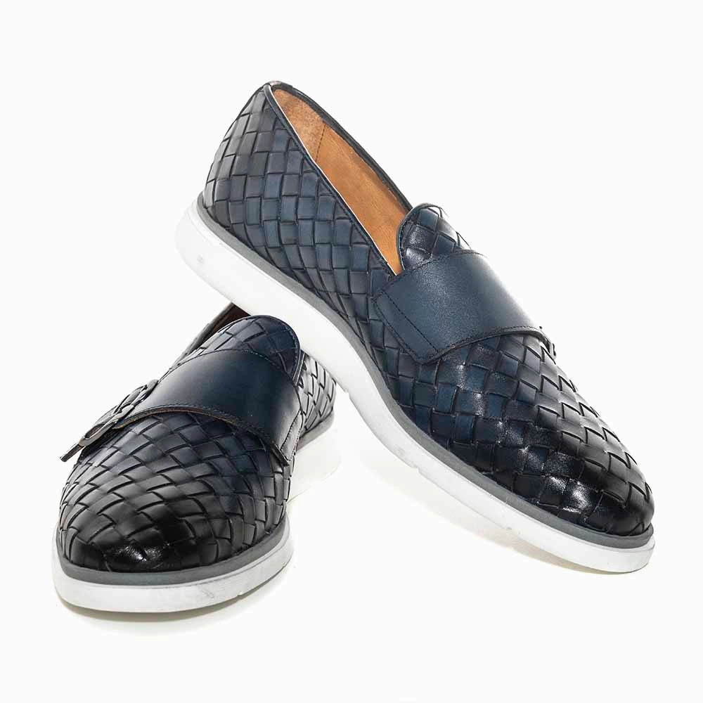 Slip Resistant Work Sigotto Uomo Woven Double Buckle Navy Blue Soft Leather Casual Shoes