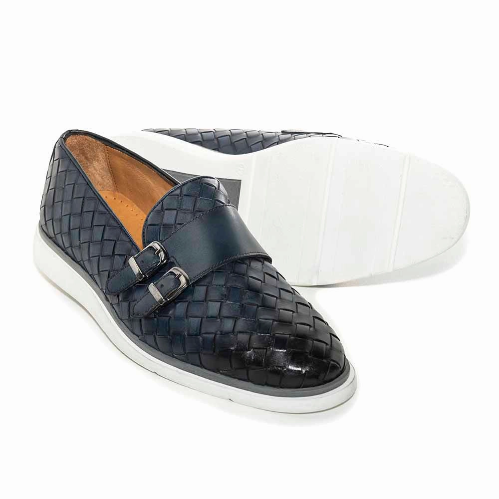 Sigotto Uomo Woven Double Buckle Navy Blue Soft Leather Casual Shoes Slip Resistant Work