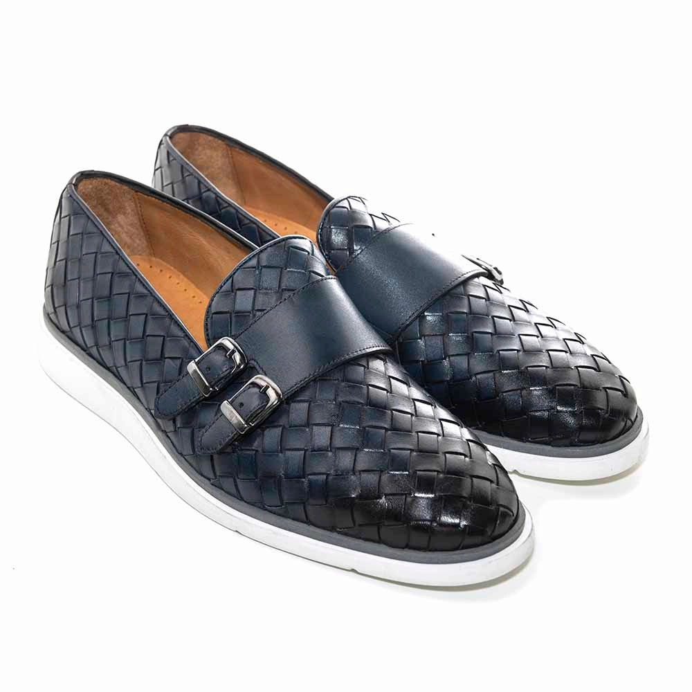 Sigotto Uomo Woven Double Buckle Navy Blue Soft Leather Casual Shoes Slip Resistant