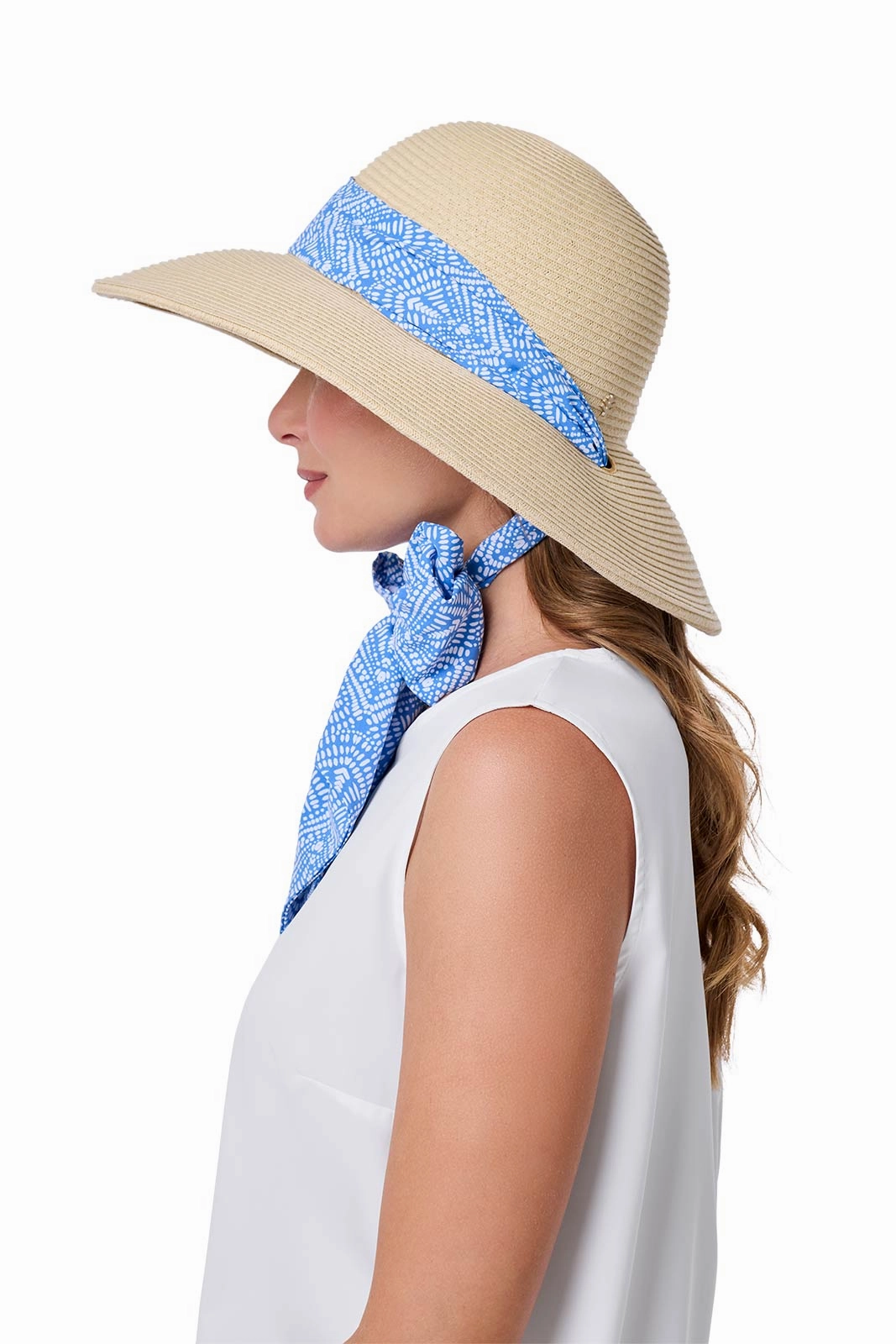 Sun Hat with 2 Interchangeable Scarves - Stella  | Natural/Aura Blue & White