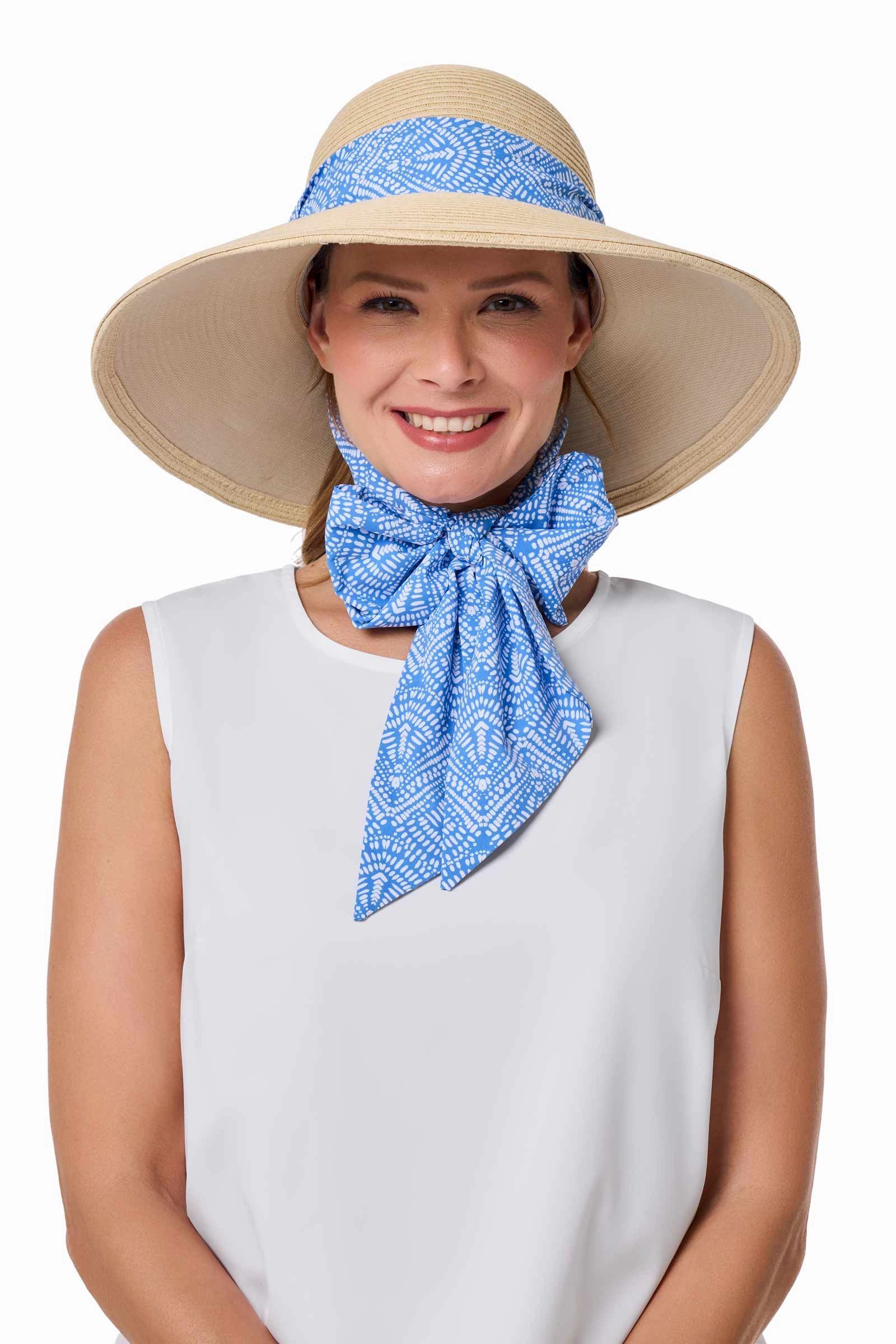 Sun Hat with 2 Interchangeable Scarves - Stella  | Natural/Aura Blue & White
