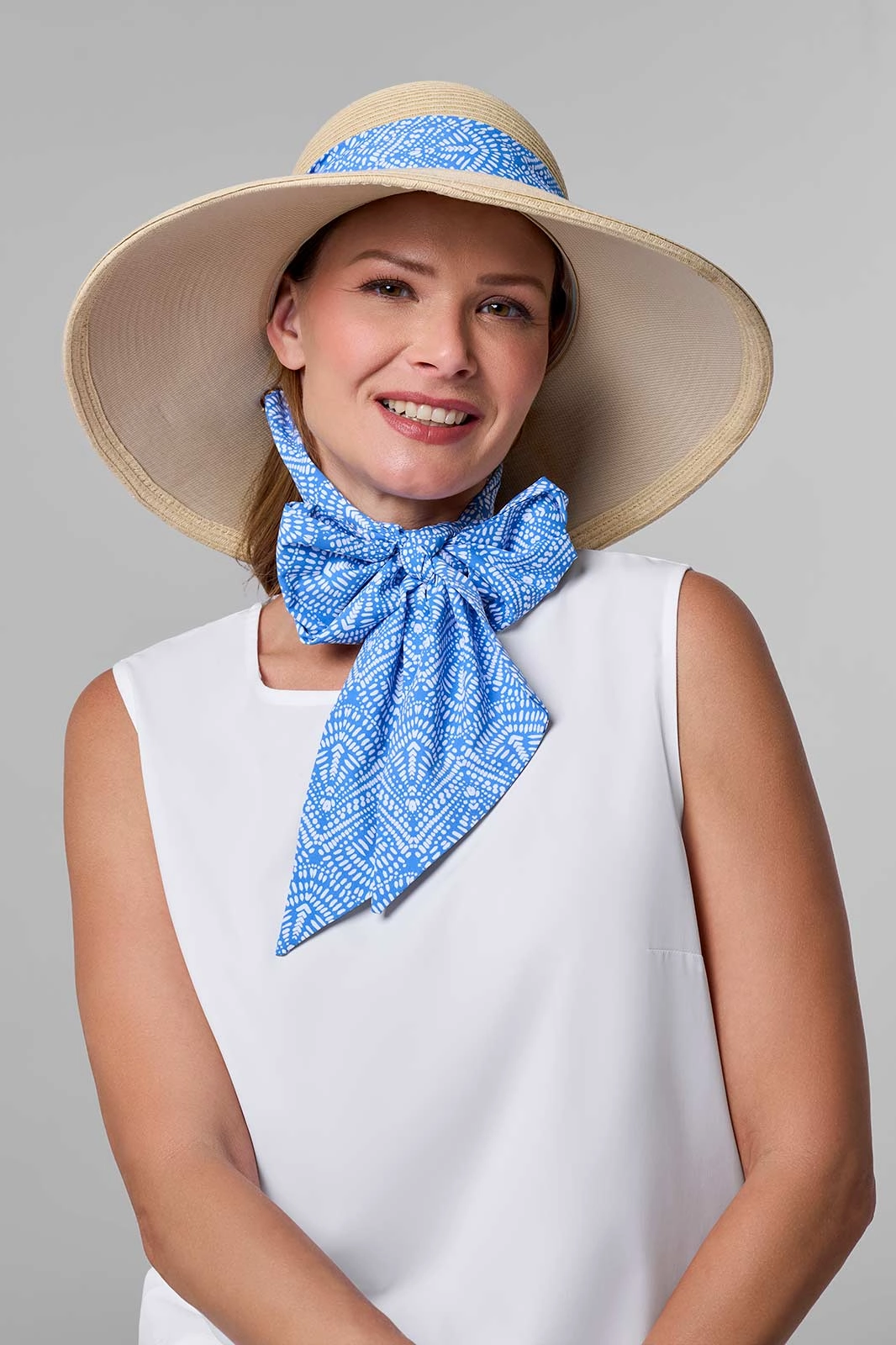 Sun Hat with 2 Interchangeable Scarves - Stella  | Natural/Aura Blue & White