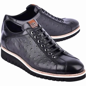 Shock Absorbing Corrente Men??S Mid-Top Genuine Ostrich Leather Black Round Toe Sneaker